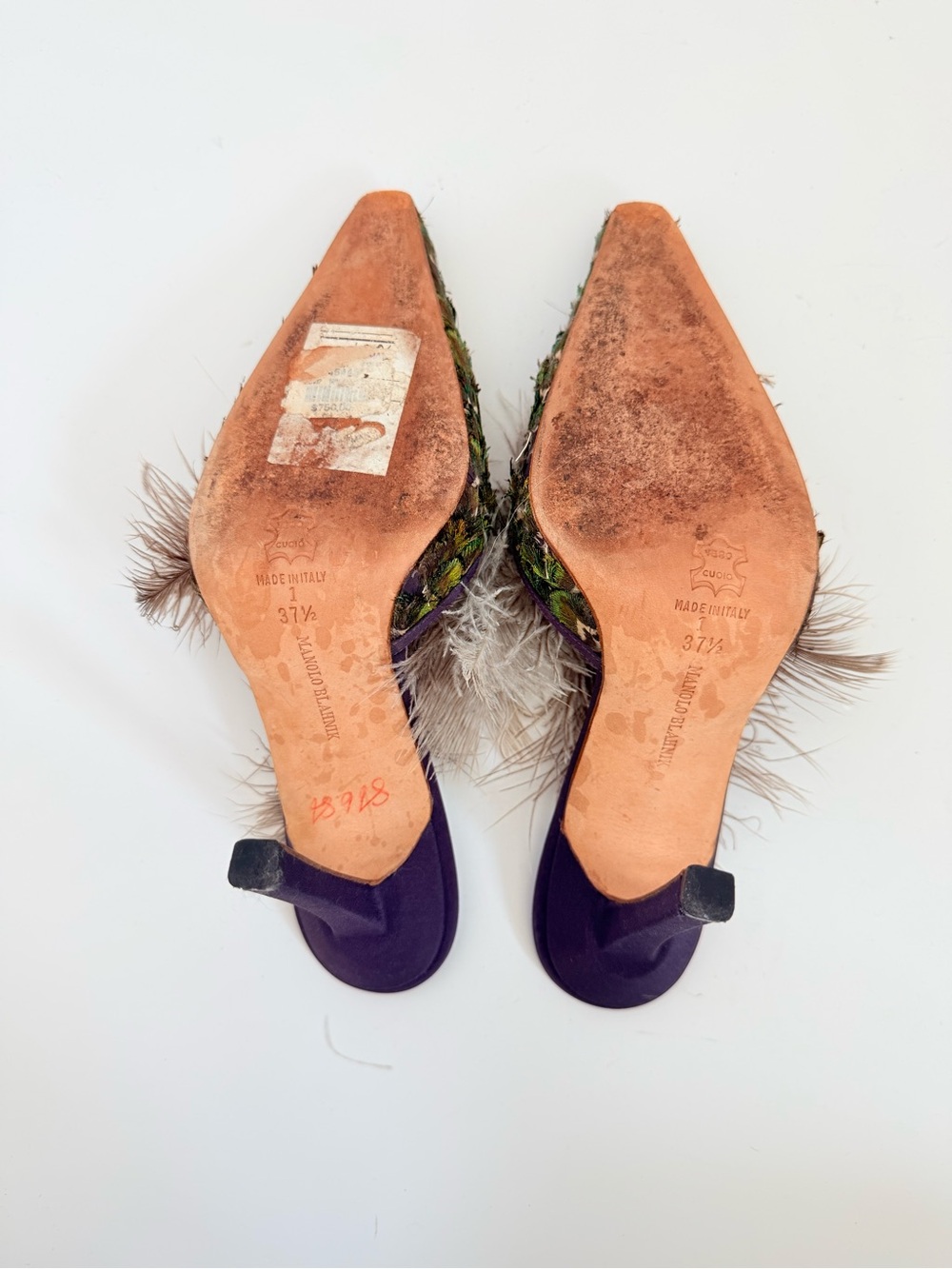 Manolo Blahnik AW97 Rare Peacock Feather Mule Heels Purple Archival 37.5 - Picture 6 of 8